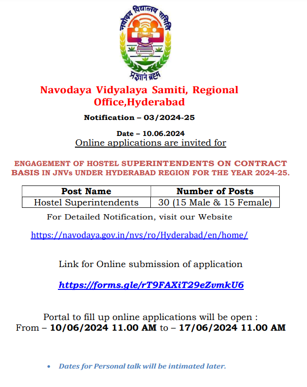 NVS RO Hyderabad Recruitment 2024-25