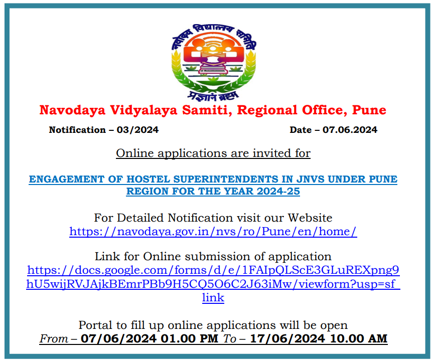 Official Advertisement of NVS Pune Region Hostel Superintendents in JNV 2024-25