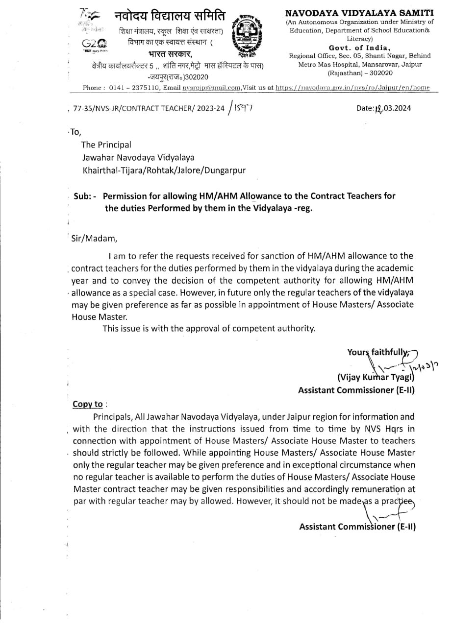 Permission for allowing HMAHM allowance to the Contract Teachers for the duties Performed by them in the Vidyalaya