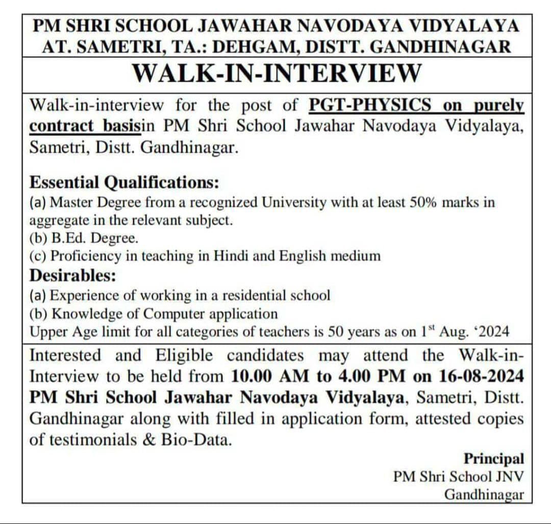 Official Advertisement PGT Physics in JNV Gandhinagar Vacancy 2024-25