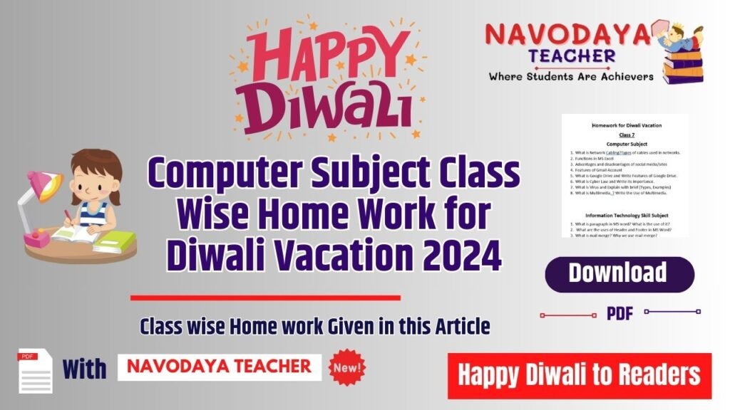 Computer Subject Class Wise Home Work for Diwali Vacation 2024