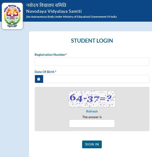 Enter the Registration number and date of birth Navodaya admit Card Class 11