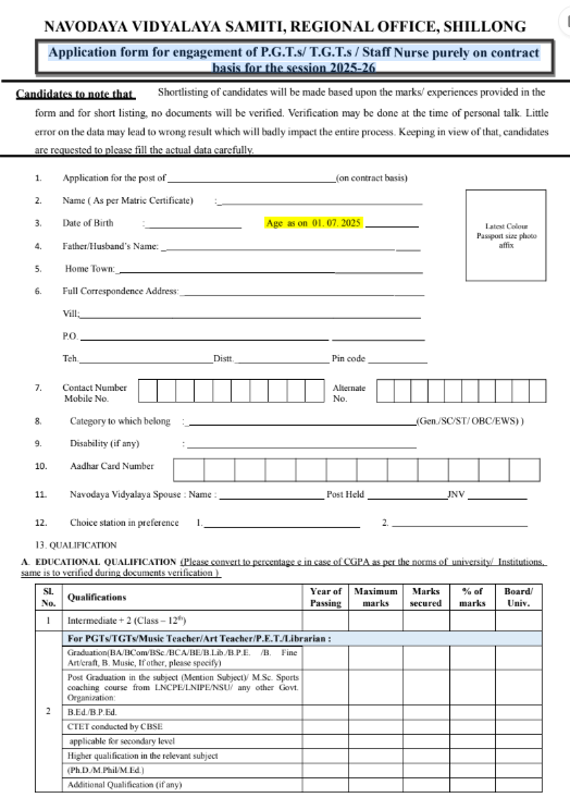 Application form for engagement of P.G.T.s T.G.T.s Staff Nurse purely on contract basis for the session 2025-26