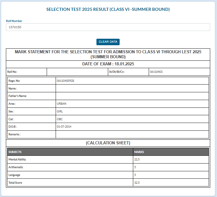 Check Online Marksheet and Result of Navodaya Class 6 Exam 2025