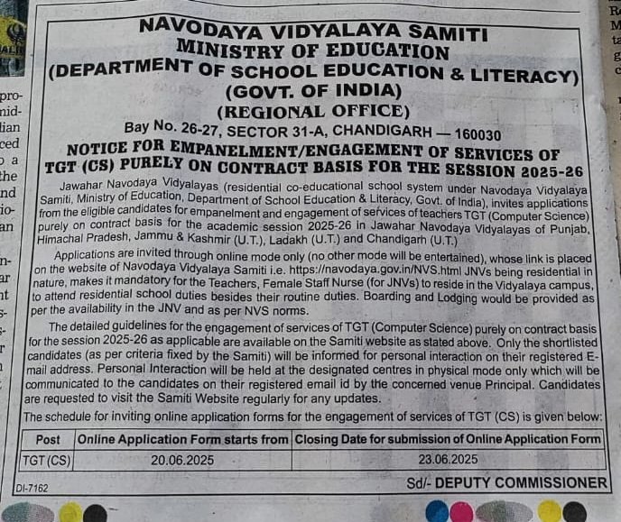 NVS TGT CS Vacancies in Chandigarh Region 2025-26