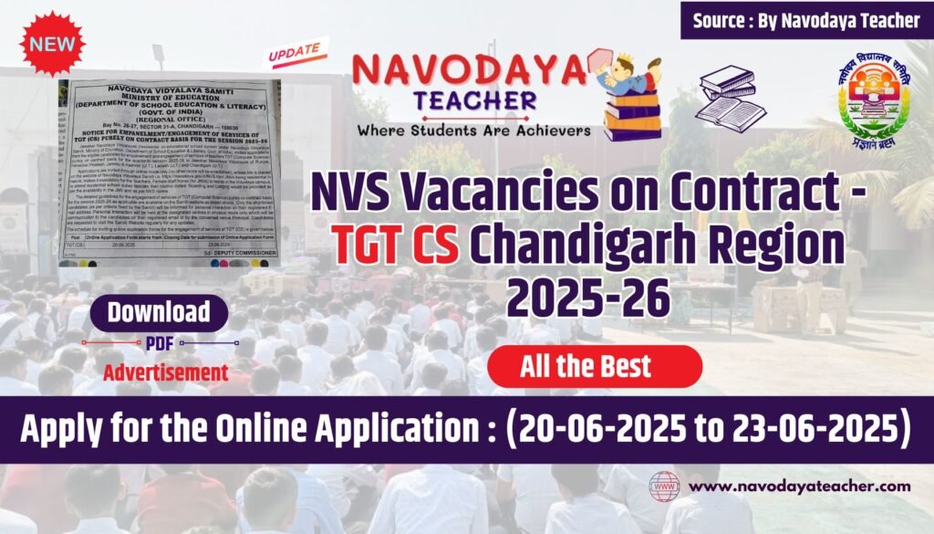 NVS Vacancies on Contract -TGT CS Chandigarh Region 2025-26