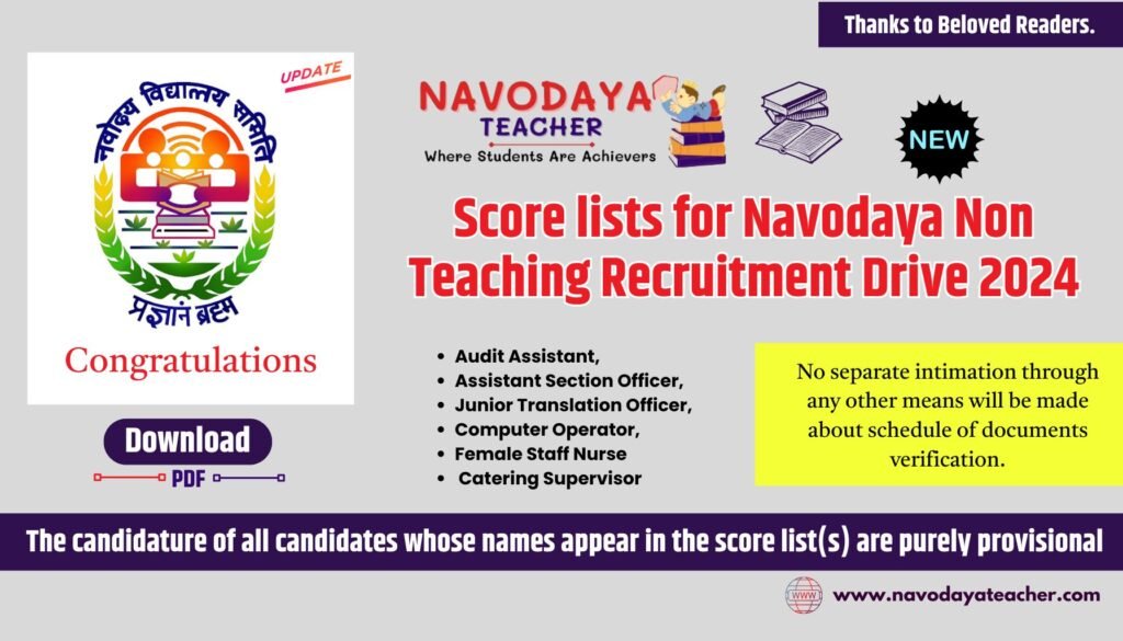 Score lists for Navodaya Non Teaching Recruitment Drive 2024