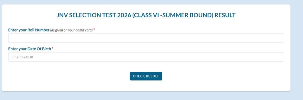 JNVST Navodaya Class 6 Result 2026 